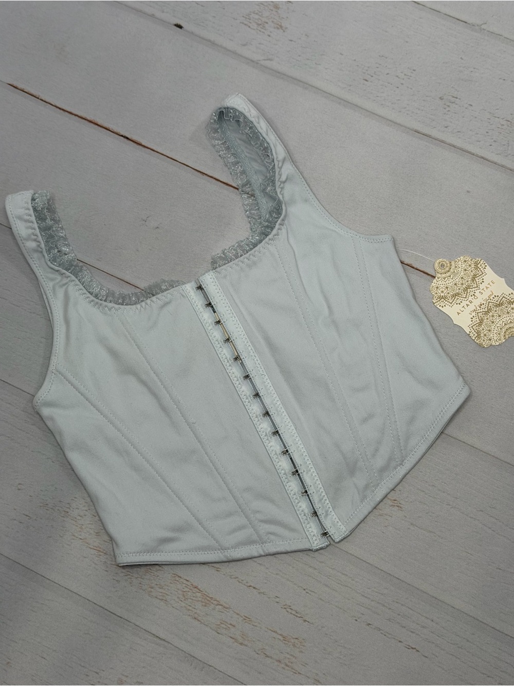 NWT Altar'd State Light Blue Hook Front Corset Crop Top Size Small